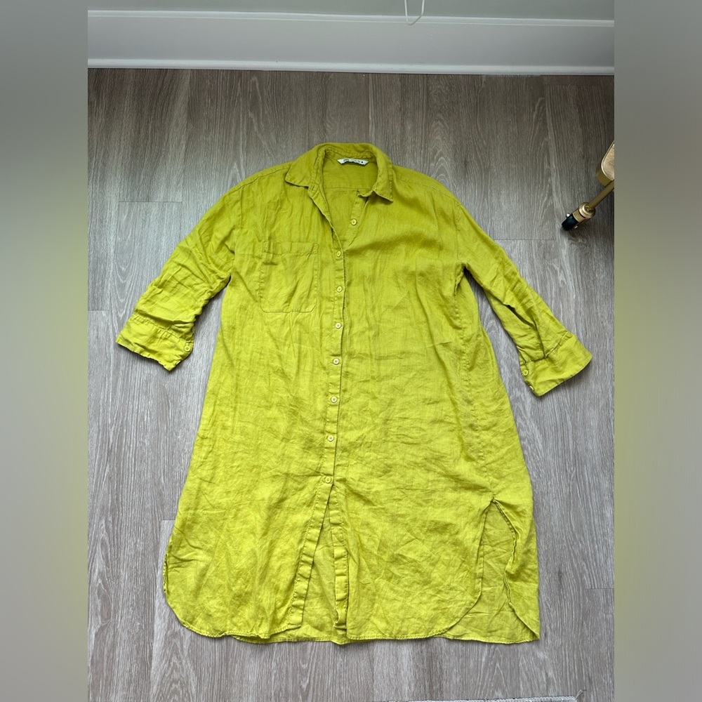Zara chartreuse linen shirt dress size S